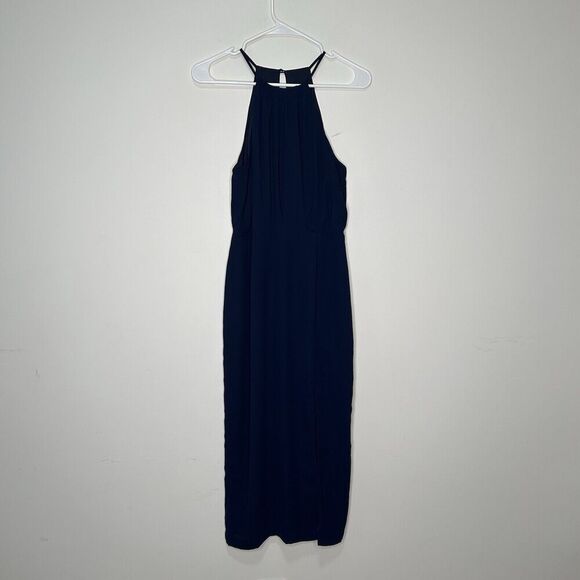 Lulus Dress Womens Small Midi High Neck Navy Blue Slit Formal - Picture 1 of 9